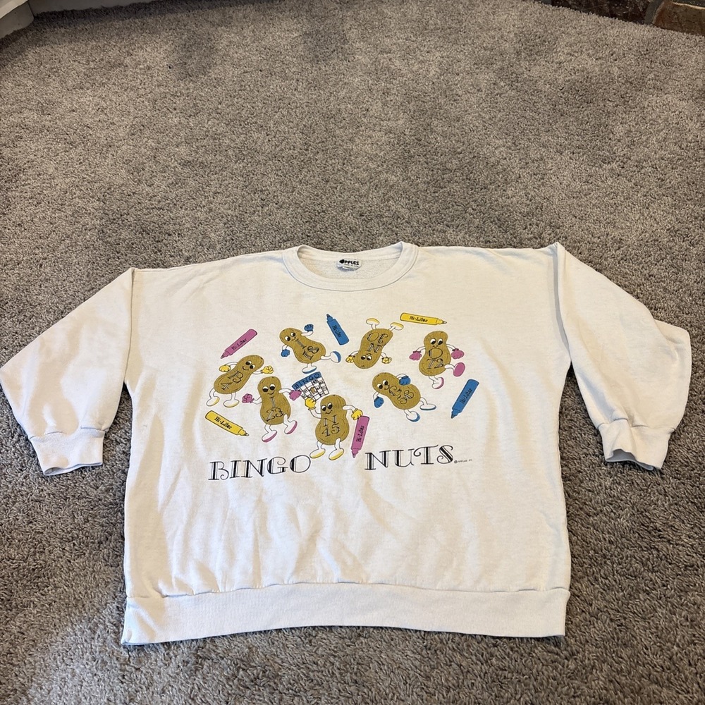 VINTAGE Bingo Nut Sweatshirt White Pullover Crew Neck Game Night 2XL Read